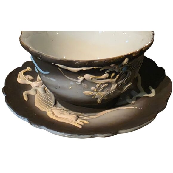 DRAGON Ware Black Moriage Tea Cup and Saucer Japan Demitasse Set Embossed Design - Picture 7 of 16